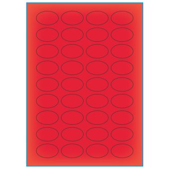 A4-36 oval rød neon, 36 Utstansede etiketter/ark, Oval 40,00 x 25,00 mm, 100 ark - A-4 etiketter rød neon