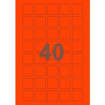 A4-40 kvad. rød neon, 40 Utstansede etiketter/ark, 30,0 x 30,0 mm, 100 ark - A-4 etiketter rød neon