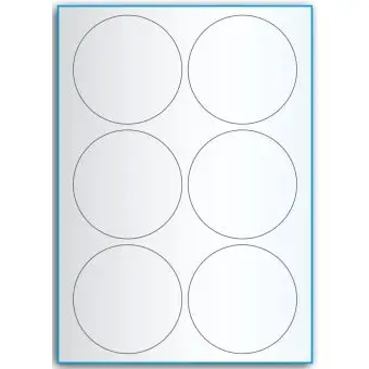A4-Ø90, 6 utstansede transparente etiketter/ark, Ø90 mm,  50 ark - A-4 etiketter, gjennomsiktige
