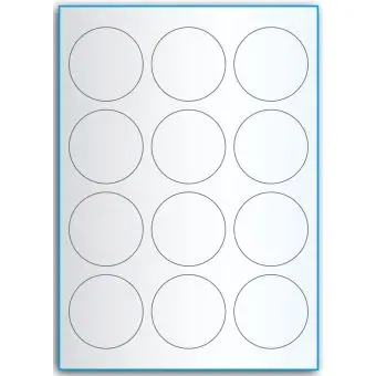 A4-Ø60, 12 Utstansede transparente etiketter/ark, Ø60 mm, 50 ark - A-4 etiketter, gjennomsiktige