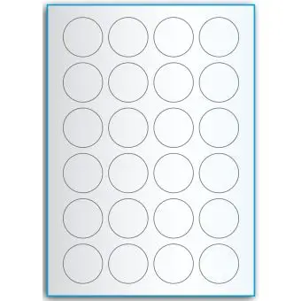 A4-Ø40, 24 Utstansede transparente etiketter/ark, Ø40 mm, 50 ark - A-4 etiketter, gjennomsiktige