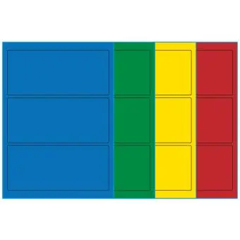 A4-3, 3 Utstansede etiketter/ark, 198,0 x 85,0 mm, (blå, grønn, gul eller rød) 100 ark - A4-etiketter, Fargede