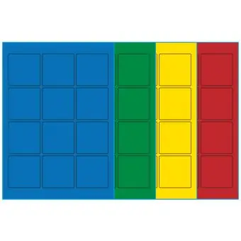 A4-12 kvad., 12 Utstansede etiketter/ark, 60,0 x 60,0 mm, (blå, grønn, gul eller rød) 100 ark - A4-etiketter, Fargede