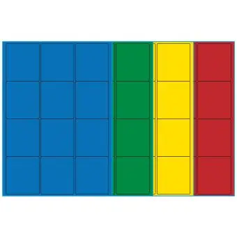 A4-12, 12 Utstansede etiketter/ark, 63,5 x 72,0 mm, (blå, grønn, gul eller rød) 100 ark - A4-etiketter, Fargede
