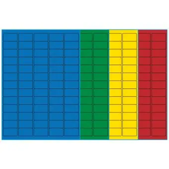 A4-65, 65 Utstansede etiketter/ark, 38,1 x 21,2 mm, (blå, grønn, gul eller rød) 100 ark - A4-etiketter, Fargede