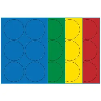 A4-Ø90, 6 Utstansede etiketter/ark, Ø90  mm, (blå, grønn, gul eller rød) 100 ark - A4-etiketter, Fargede
