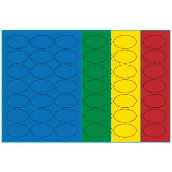 A4-21, ovale, 21 Utstansede etiketter/ark, 60,0 x 35,0 mm, (blå, grønn, gul eller rød) 100 ark - A4-etiketter, Fargede