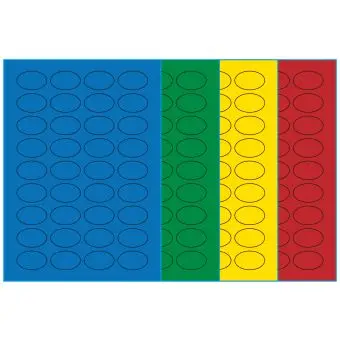 A4-36 ovale, 36 Utstansede etiketter/ark, 40,0 x 25,0 mm, (blå, grønn, gul eller rød) 100 ark - A4-etiketter, Fargede