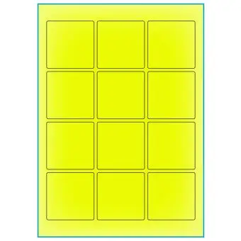 A4-12 kvad. gul neon, 12 Utstansede etiketter/ark, 60,0 x 60,0,0 mm, 100 ark - A-4 etiketter gul neon
