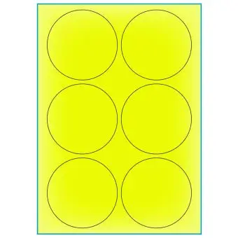 A4-Ø90 gul neon, 6 Utstansede etiketter/ark, Ø90,0 mm, 100 ark - A-4 etiketter gul neon