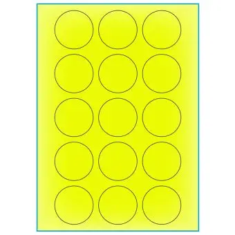 A4-Ø50 gul neon, 15 Utstansede etiketter/ark, Ø50 mm, 100 ark - A-4 etiketter gul neon