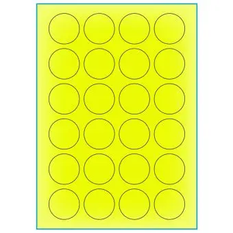 A4-Ø40 gul neon, 24 Utstansede etiketter/ark, Ø40,0 mm, 100 ark - A-4 etiketter gul neon