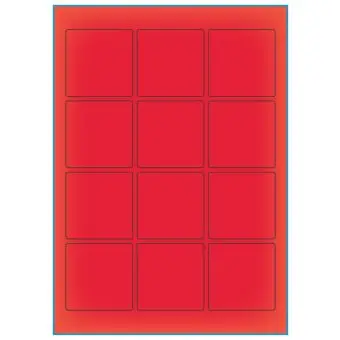 A4-12 kvad. rød neon, 12 Utstansede etiketter/ark, 60,0 x 60,0 mm, 100 ark - A-4 etiketter rød neon