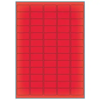 A4-etiketter, 65 stansade etiketter/ark, 38,1 x 21,2 mm, röd neon, 100 ark - A-4 etiketter rød neon