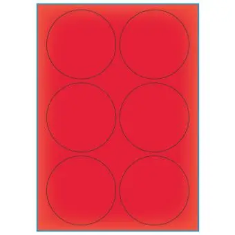 A4-Ø90 rød neon, 6 Utstansede etiketter/ark, Ø90,0 mm, 100 ark - A-4 etiketter rød neon
