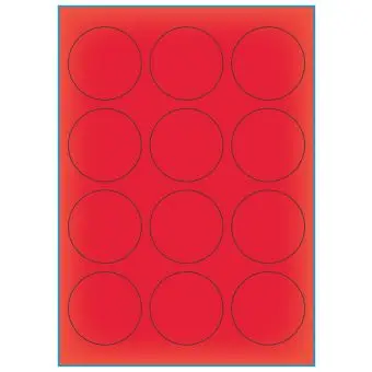 A4-Ø60 rød neon, 12 Utstansede etiketter/ark, Ø60,0 mm, 100 ark - A-4 etiketter rød neon