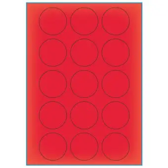A4-Ø50 rød neon, 15 Utstansede etiketter/ark, Ø50 mm, 100 ark - A-4 etiketter rød neon