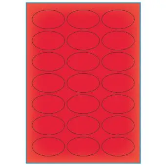 A4-21 ovale rød neon, 21 Utstansede etiketter/ark, Oval 60,00 x 35,00 mm, 100 ark - A-4 etiketter rød neon