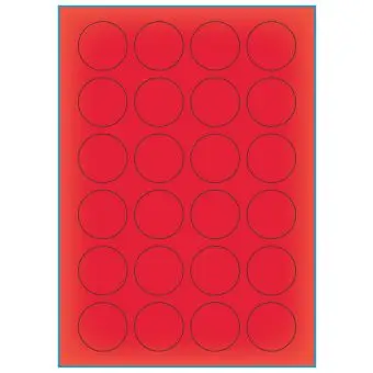A4-Ø40 rød neon, 24 Utstansede etiketter/ark, Ø40,0 mm, 100 ark - A-4 etiketter rød neon