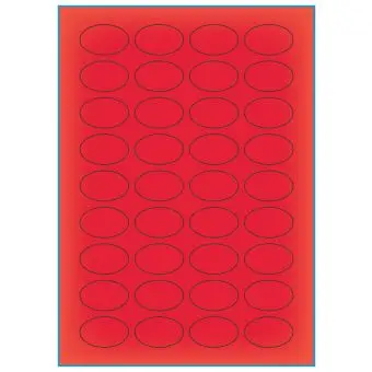 A4-36 oval rød neon, 36 Utstansede etiketter/ark, Oval 40,00 x 25,00 mm, 100 ark - A-4 etiketter rød neon