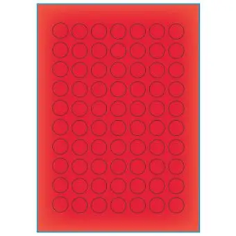 A4-Ø70 rød neon, 70 Utstansede etiketter/ark, Ø20 mm, 100 ark - A-4 etiketter rød neon