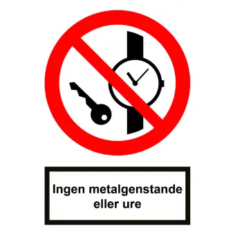 Forbudsskilt der indikerer ingen metalgenstande eller ure, ISO 7010 P008 - Forbudsskilte