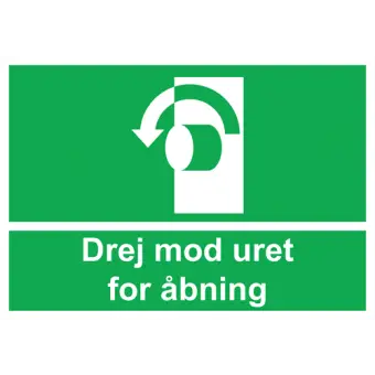 Nødskilt der indikerer drej mod uret for åbning, ISO 7010 E018 - Nødskilte