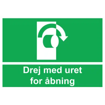 Nødskilt der indikerer drej med uret for åbning, ISO 7010 E019 - Nødskilte