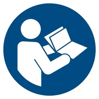 Påbudsskilt der indikerer, at man skal læse instruktionsmanual, ISO 7010 M002 - Påbudsskilte