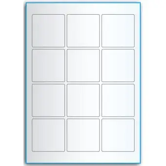A4-12 kvad., 12 utstansede transparente etiketter/ark, 60,0 x 60,0 mm,  50 ark - A-4 etiketter, gjennomsiktige
