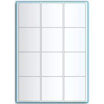 A4-12, 12 utstansede transparente etiketter/ark, 63,5 x 72,0 mm,  50 ark - A-4 etiketter, gjennomsiktige